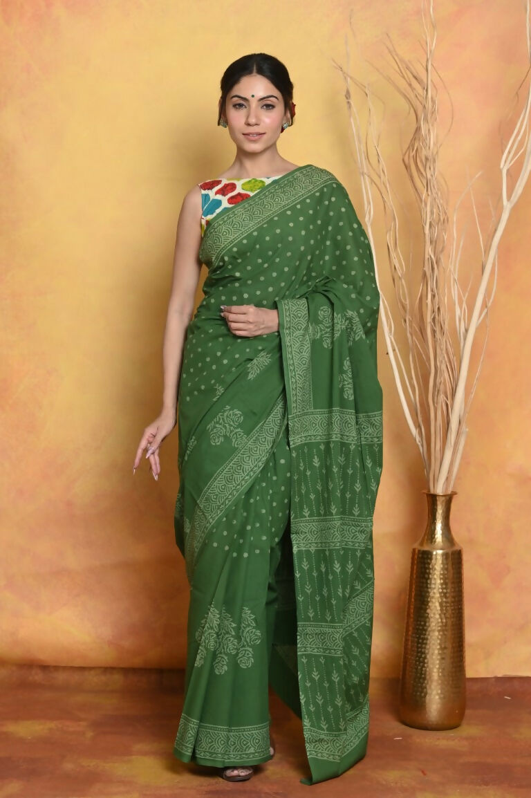 Very Much Indian Handblock Printed Cotton Saree With Natural Dyes - Green