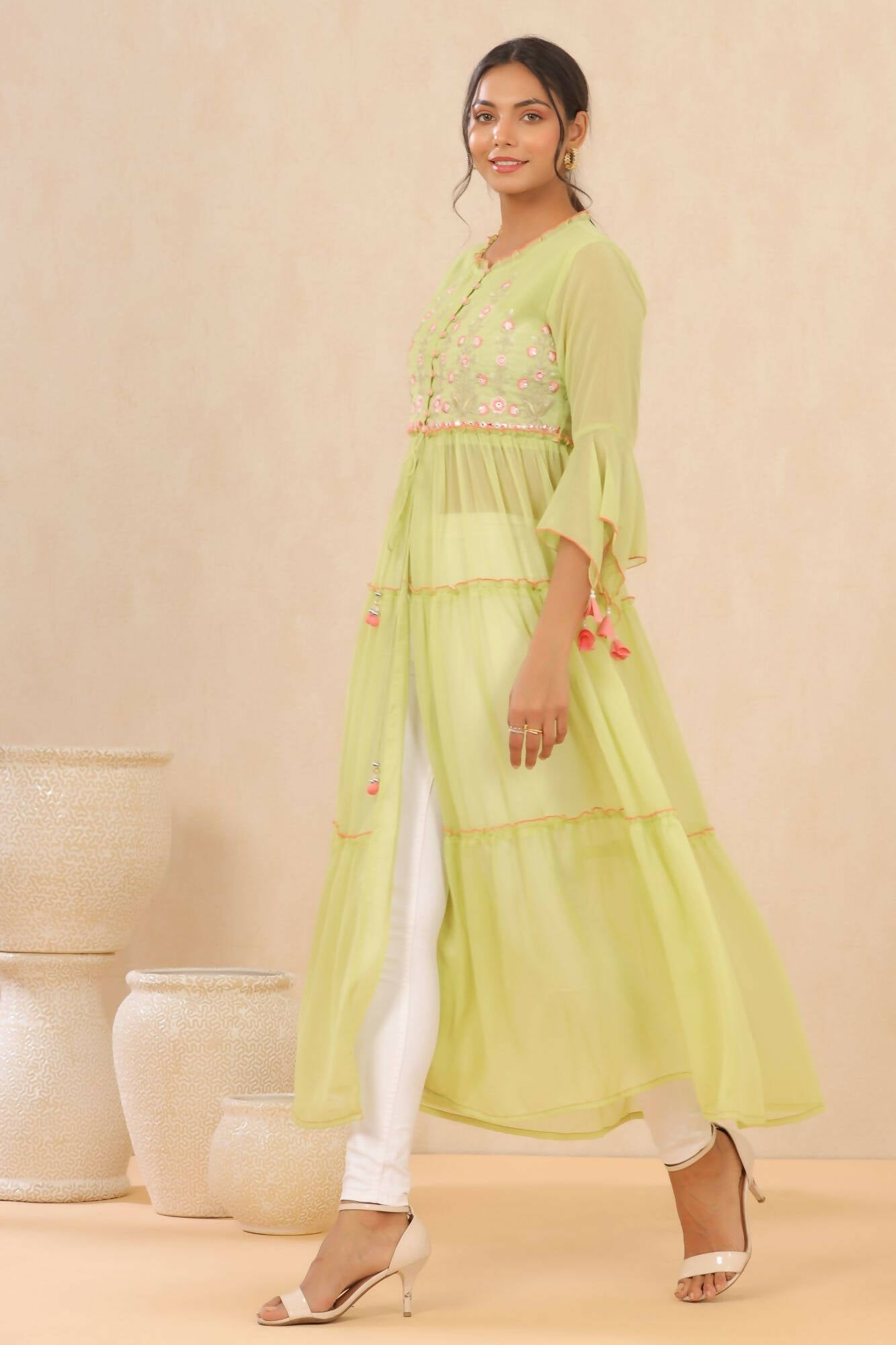Juniper Women Green Chiffon Embroidered Tiered Kurta