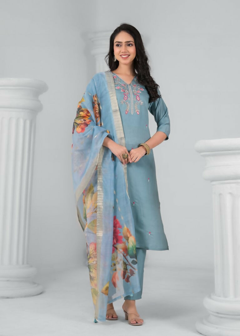 Ethnic Festive Wear Chanderi Viscose Sky Stitched Suit With Dupatta - Tanisha