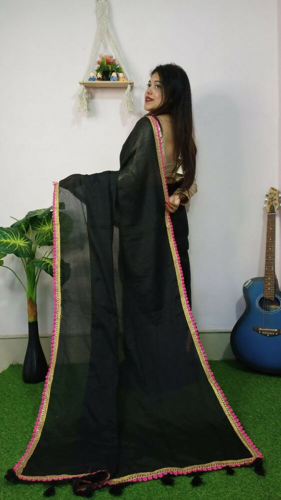Exclusive Collection Beautiful Khadi Cotton Handloom Saree With Beautiful Zari Border - Black