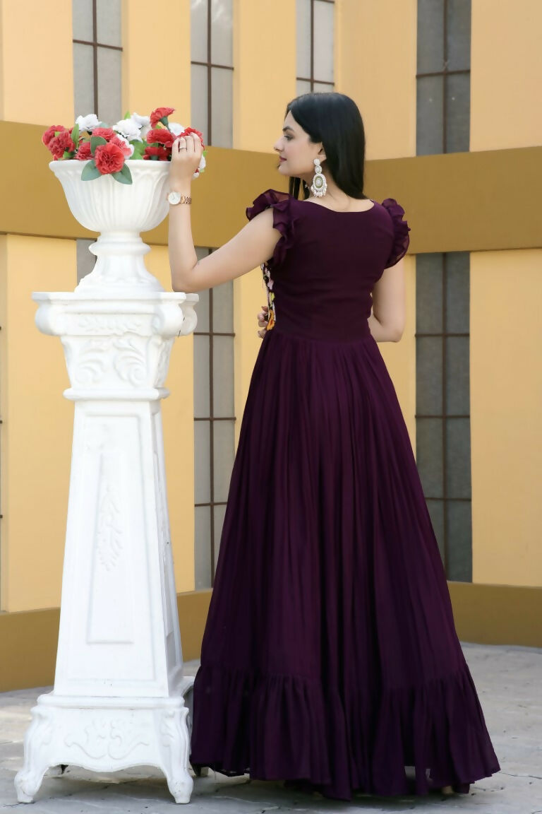 Jyoti Fashion Women's Wine Sequins Thread Embroidery Faux Blooming Anarkali Dress