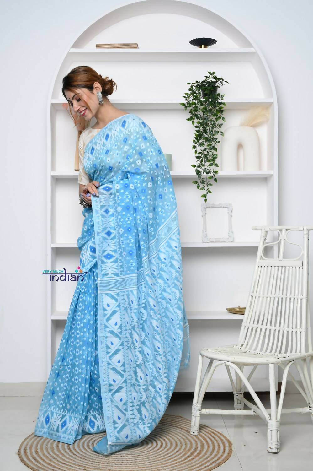 Very Much Indian Jamdhani Cotton Saree - Powder Blue