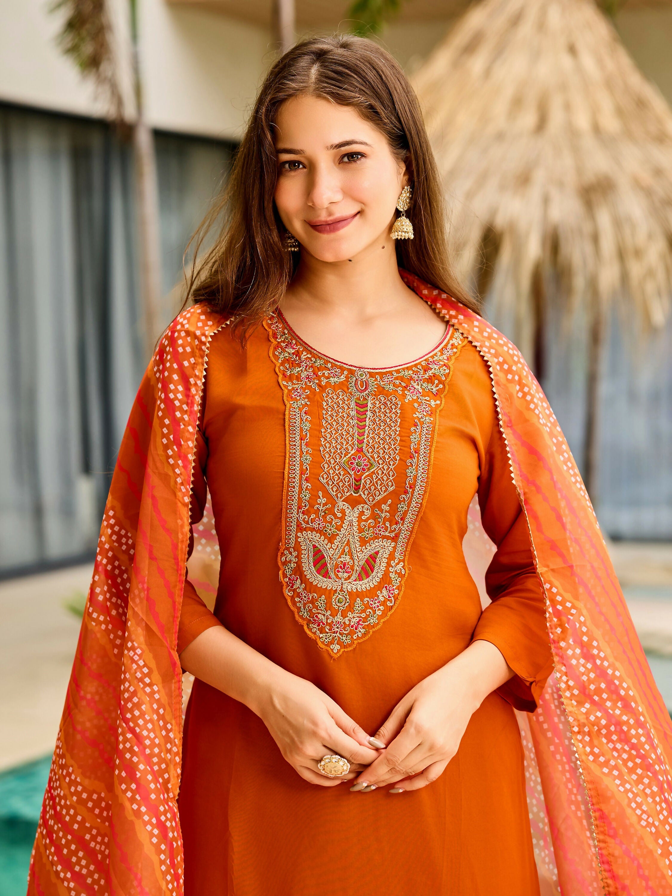 The52 Rust Women's Gorgeous Embroidered work Rayon Fabric Straight Kurta, Pant and Dupatta Set