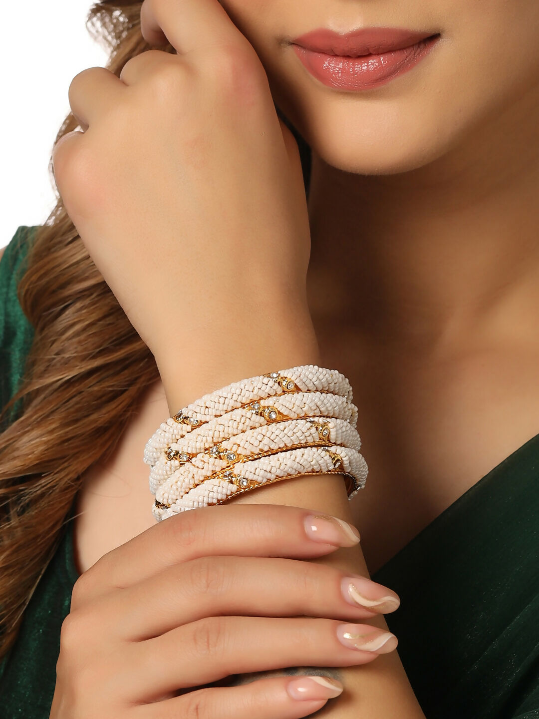NVR Women Set of 2 Gold-Polished Traditional Pearls Beaded Bangles