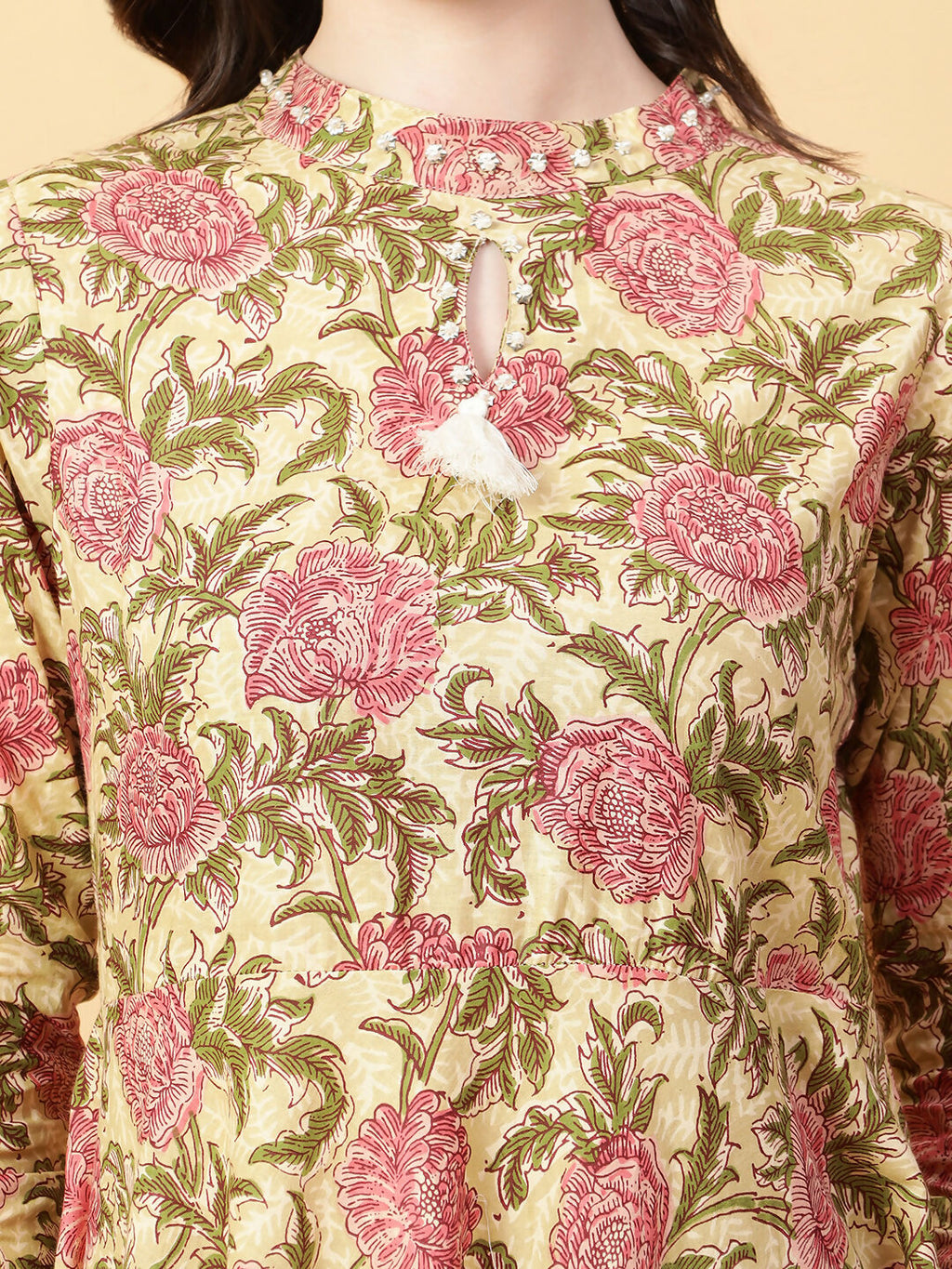 Joban Fashion Beige Cotton Printed & Hand Work Dress