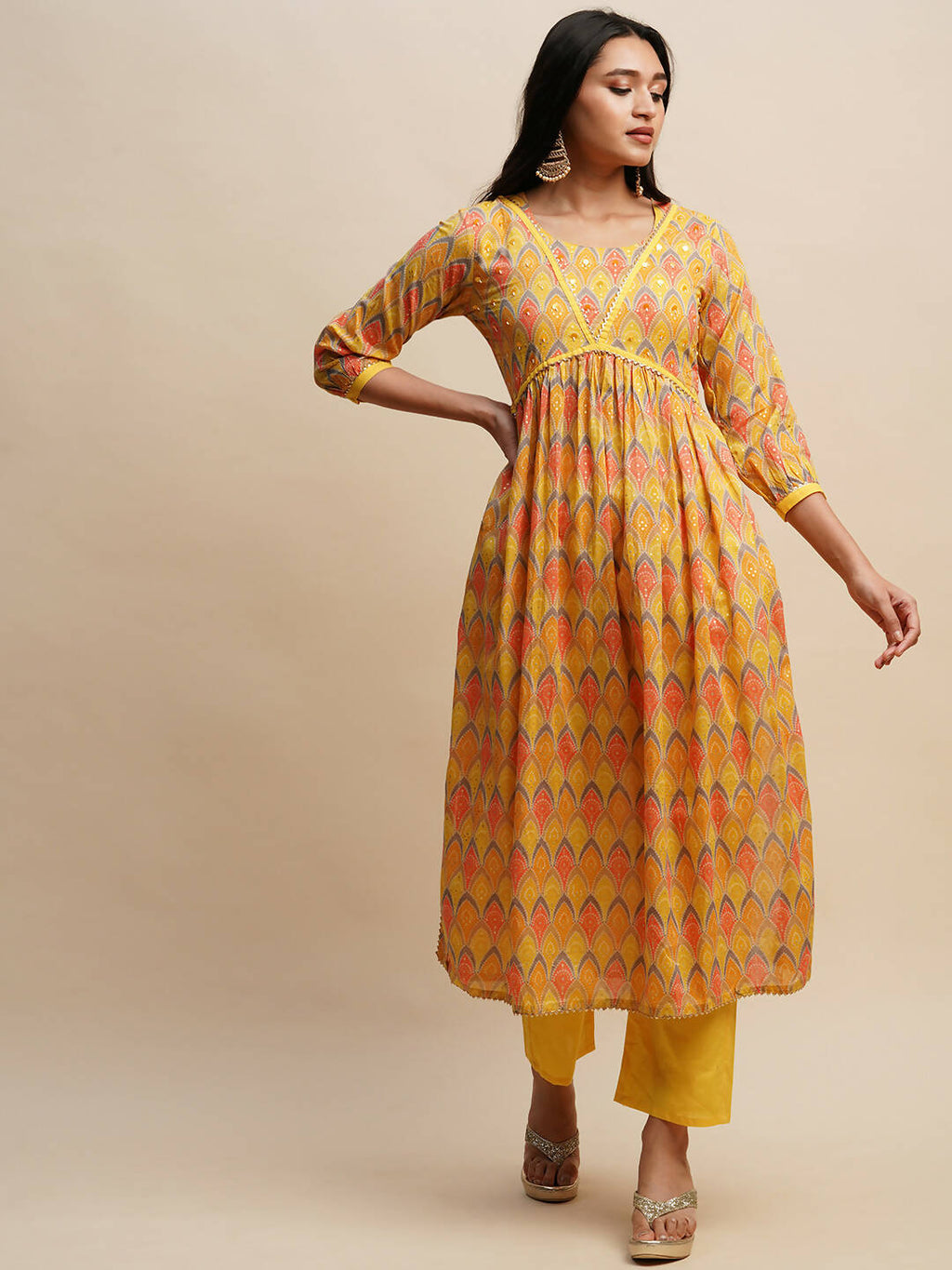 Yellow Pure Cotton Bandhani Printed Naira Cut Kurta And Bottom With Dupatta - Akashara