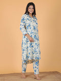 Aramya White Textured Cotton Floral Print High Low Kurta Set for Women