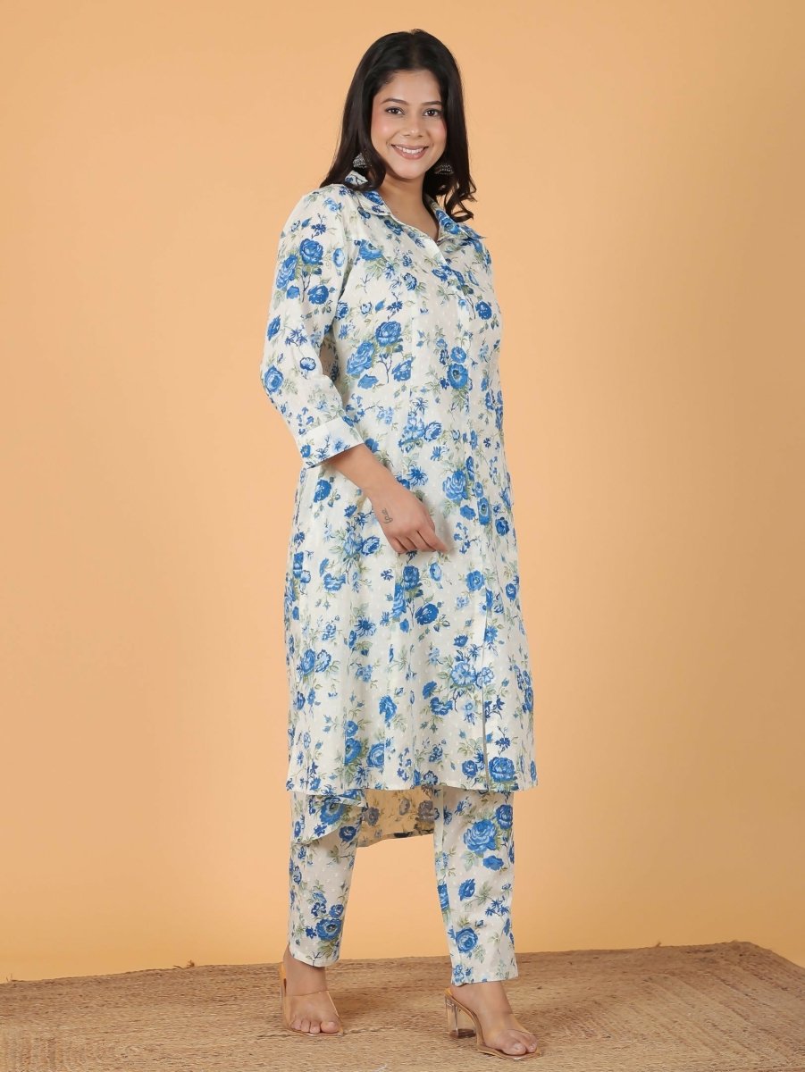 Aramya White Textured Cotton Floral Print High Low Kurta Set for Women