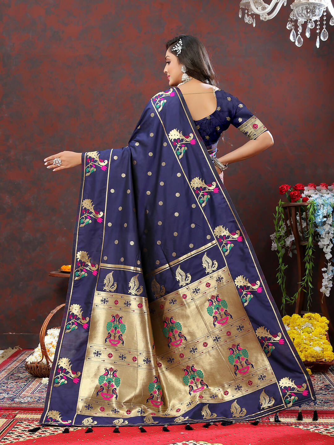 Lorenvalley Fashion Navyblue Soft Paithani Silk Woven Design Gold Zari Meenakari Weaving Saree