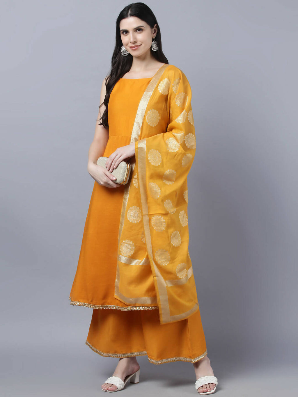Myshka Women Yellow Panelled Kurta with Palazzos With Dupatta