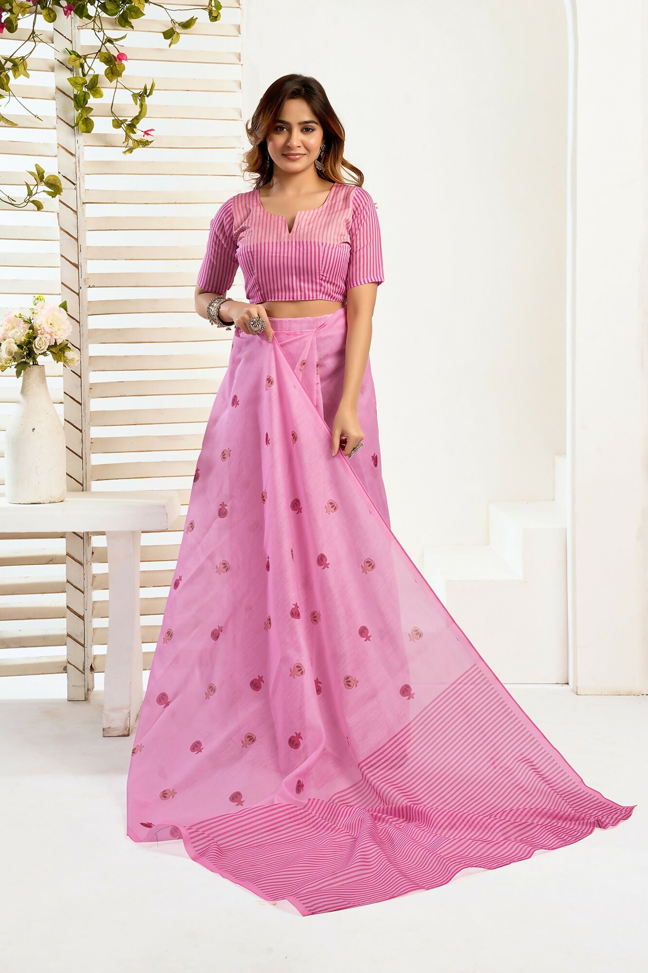 Vastranavya Baby Pink Digital Printed Linen Ready To Wear Designer Saree with Unstitched Blouse