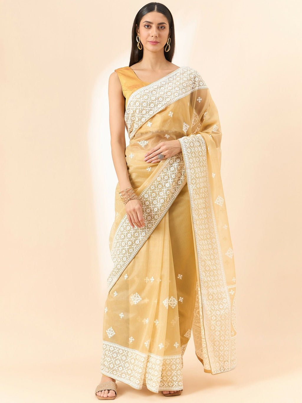 Beige Organza Geometric Embroidered Saree with Unstitched Blouse Piece - Roozal