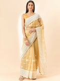 Beige Organza Geometric Embroidered Saree with Unstitched Blouse Piece - Roozal
