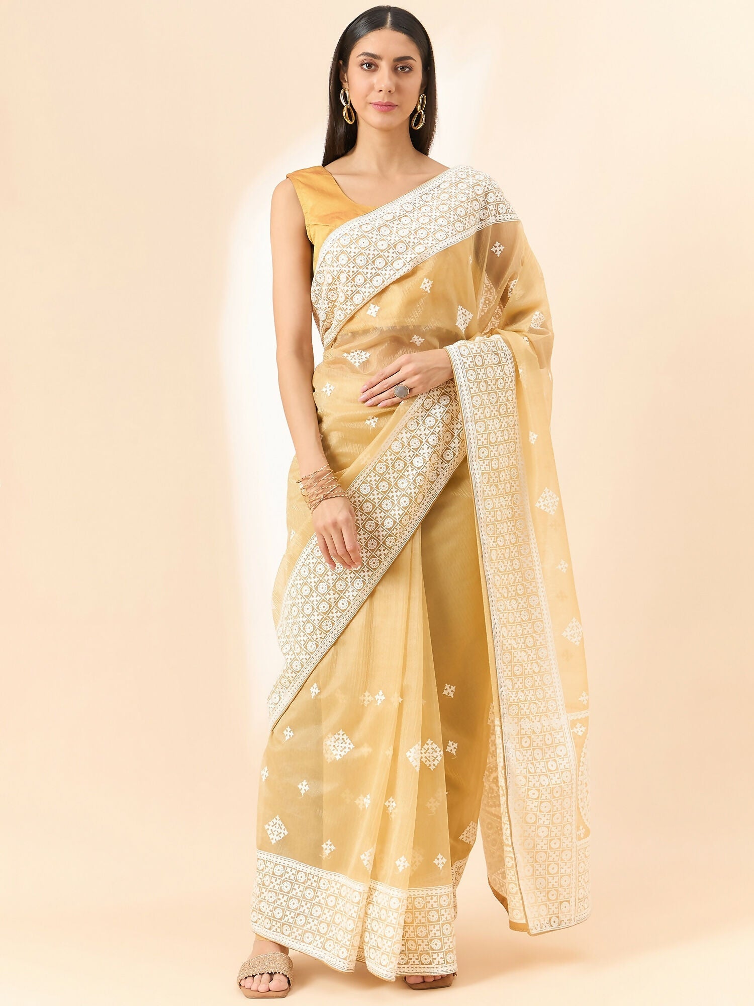 Beige Organza Geometric Embroidered Saree with Unstitched Blouse Piece - Roozal