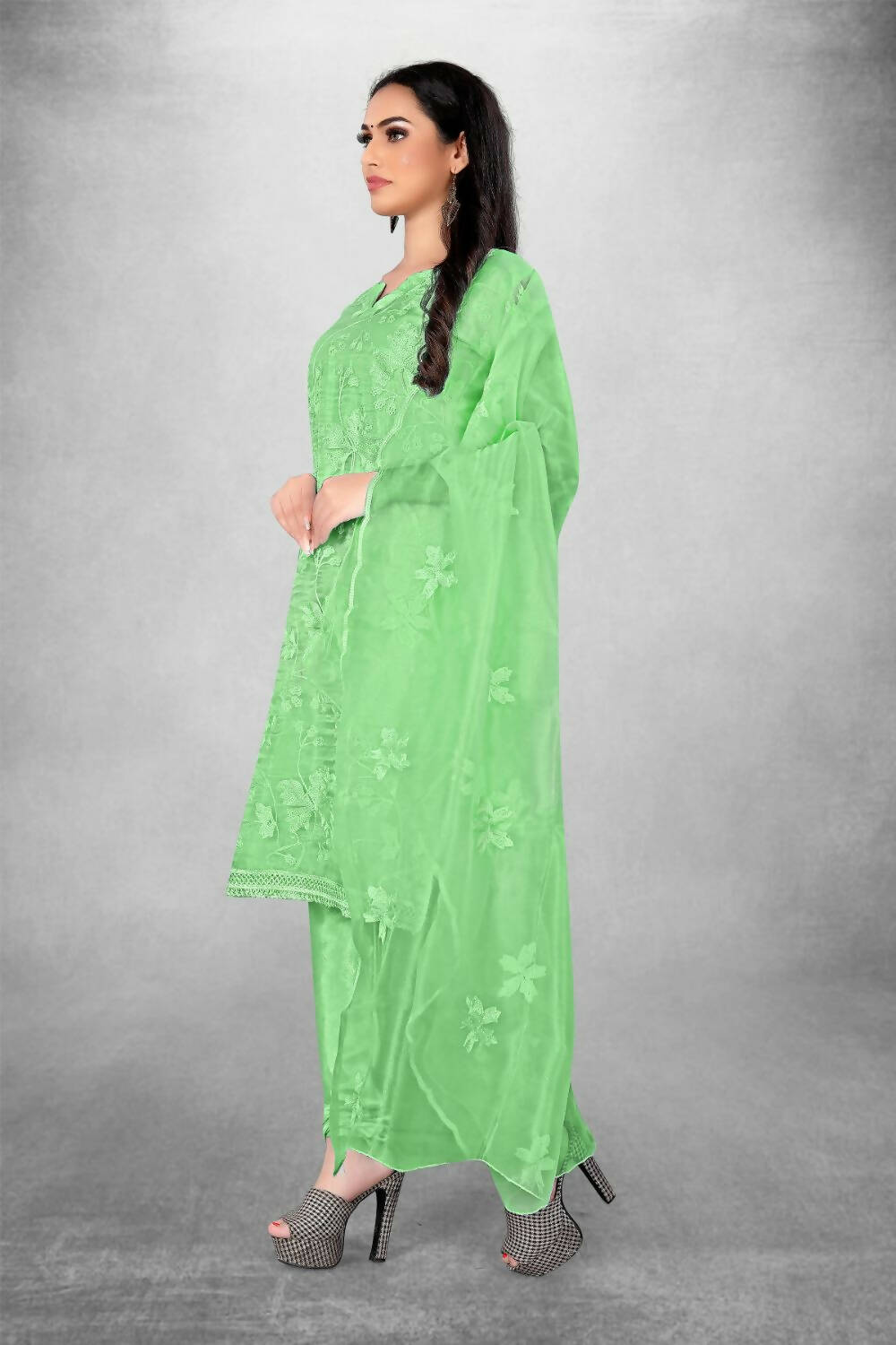Green Heavy Organza Silk Embroidered Unstitched Dress Material - Amara