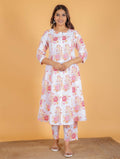 Aramya White Kantha Cotton Floral Print A-line Kurta Pant Set for Women