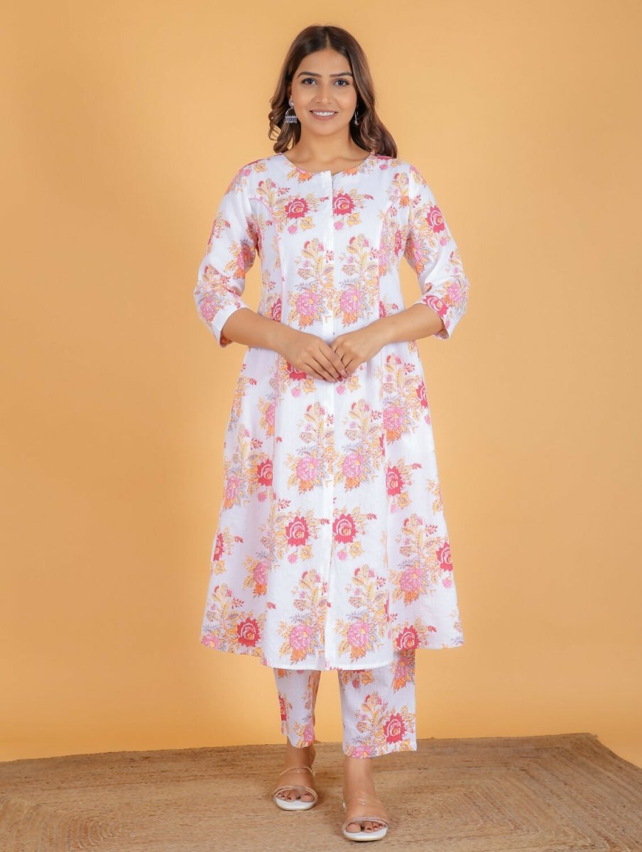Aramya White Kantha Cotton Floral Print A-line Kurta Pant Set for Women