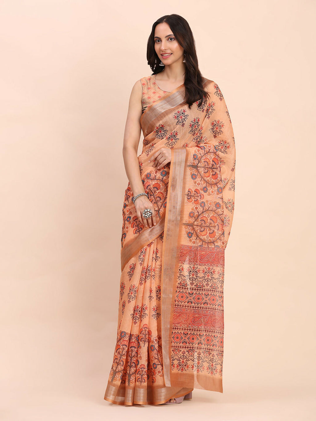 Shree Shyam Fashion Linen Cotton Orange Saree