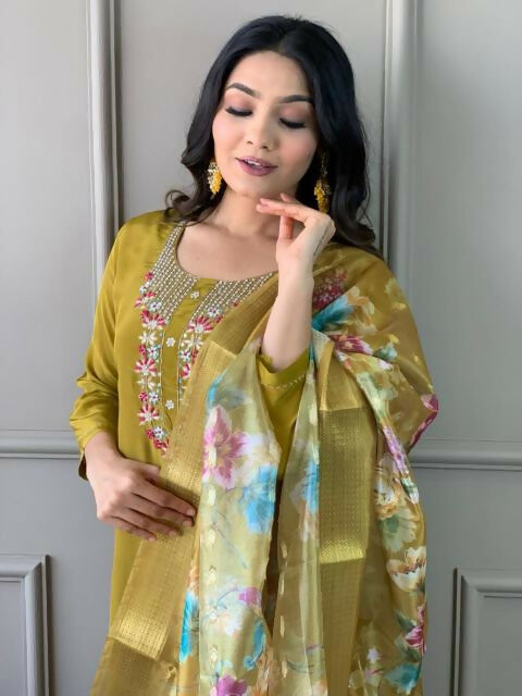 The52 Mustard Gorgeous Embroidered Viscose Chanderi Fabric Straight Kurta Pant with Dupatta Set