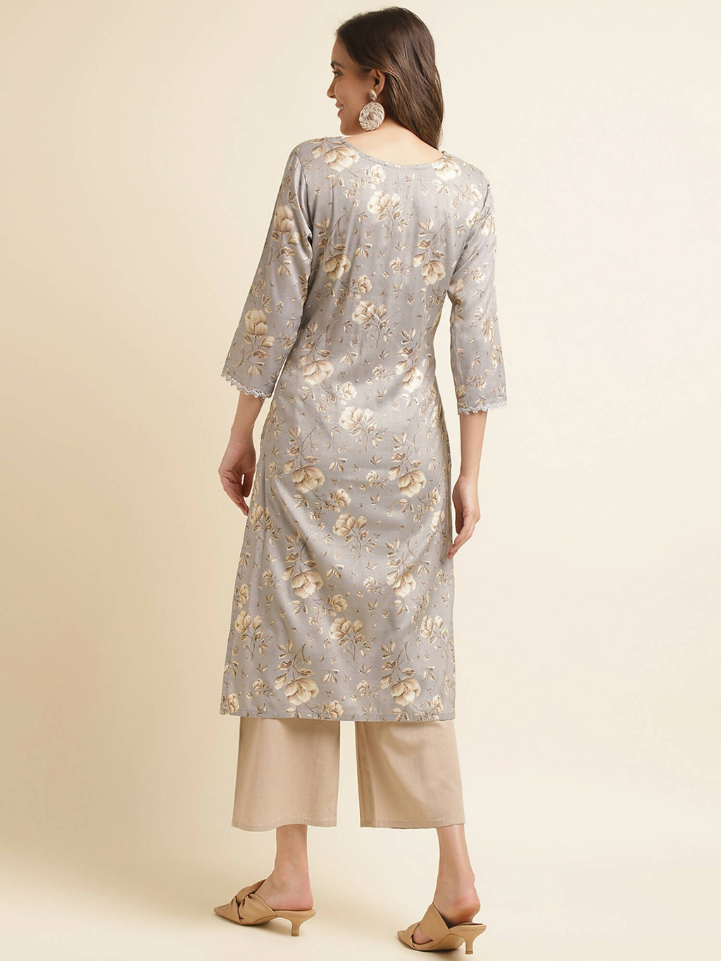 Grey Poly Rayon Floral Printed Straight Kurta - Prasuti