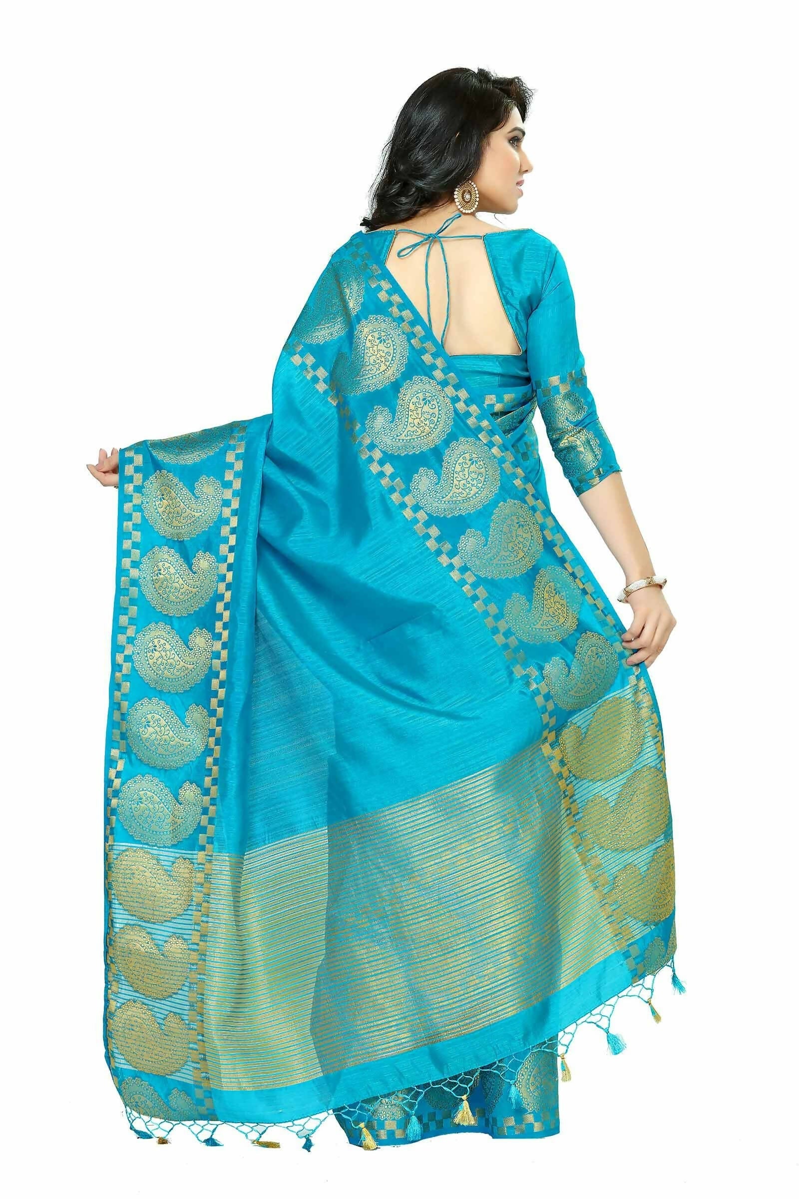 Mimosa Women's Banarasi Tussar Silk Turquoise Blue Saree