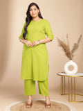Janasya Regular Jacquard Lime Green Self Design Round Neck Co-Ords