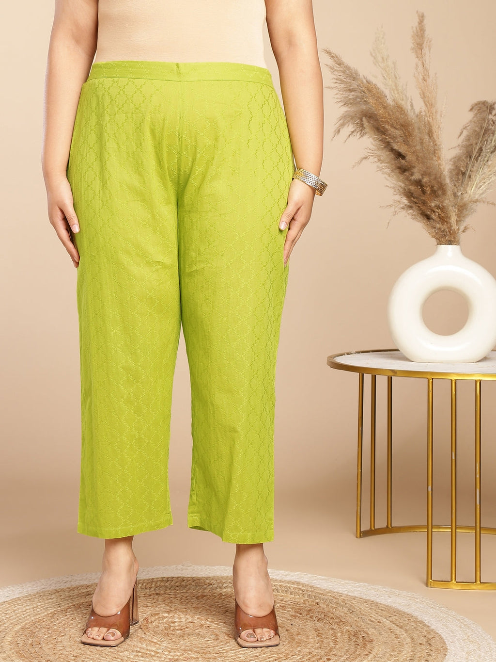 Janasya Regular Jacquard Lime Green Self Design Round Neck Co-Ords