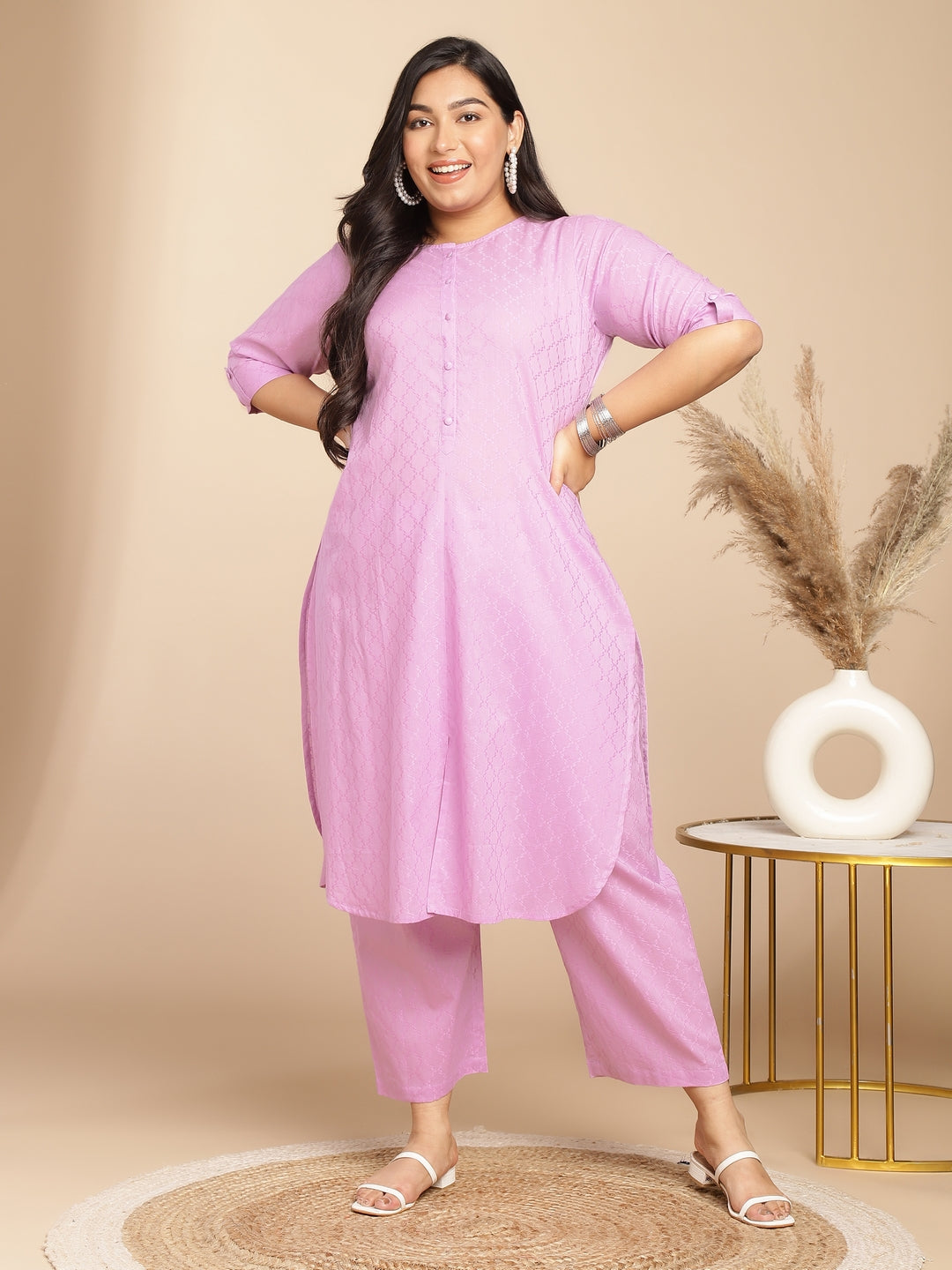 Janasya Straight Jacquard Lavender Self Design Round Neck Co-Ords