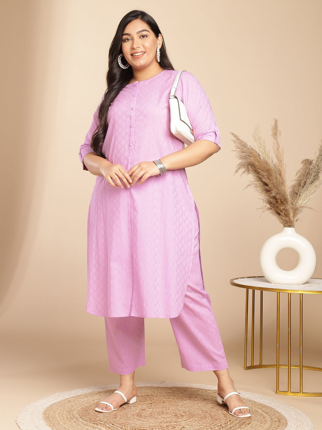 Janasya Straight Jacquard Lavender Self Design Round Neck Co-Ords