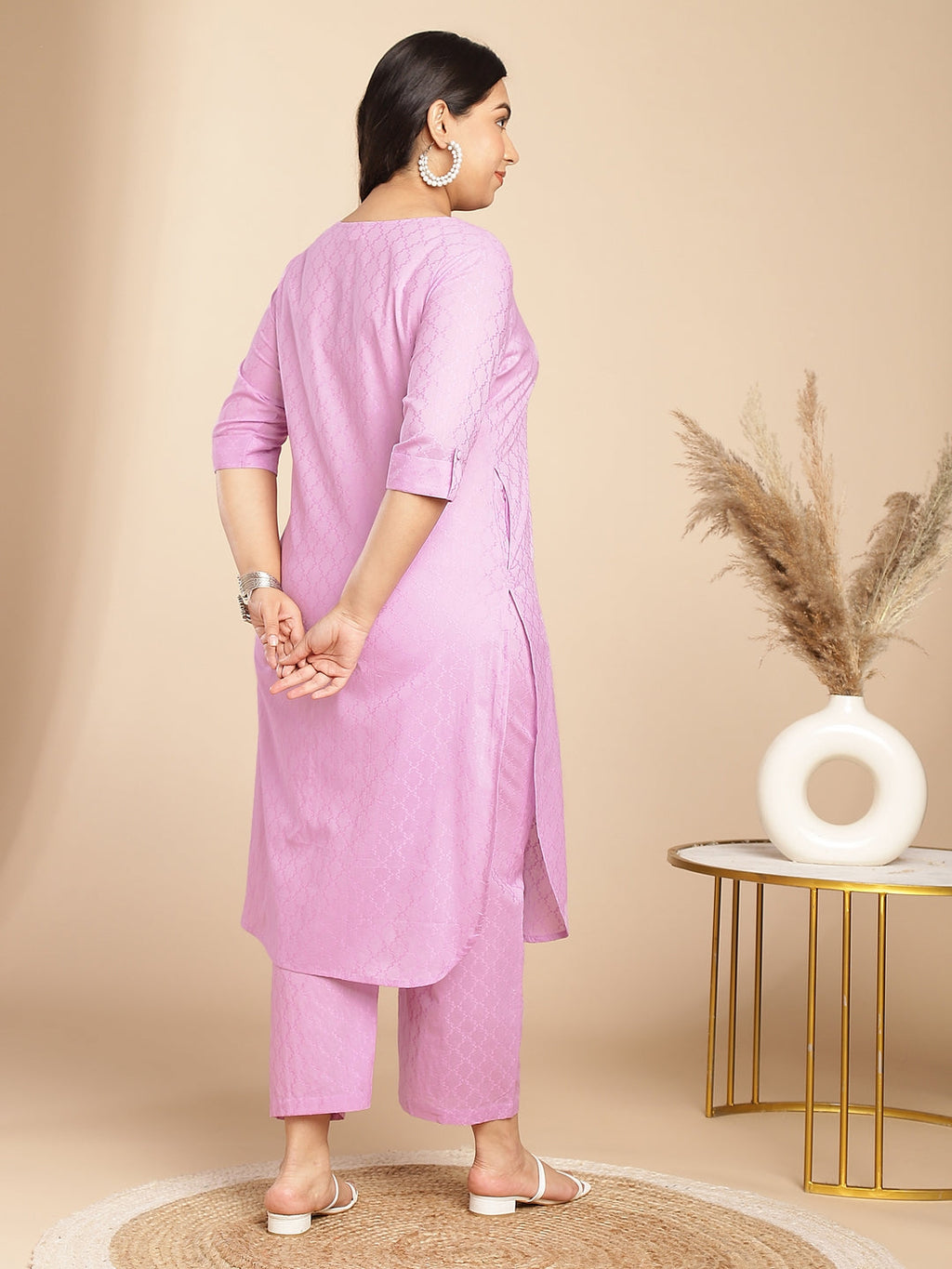 Janasya Straight Jacquard Lavender Self Design Round Neck Co-Ords