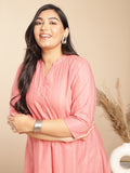 Janasya Straight Jacquard Pink Self Design Band Collar Co-Ords