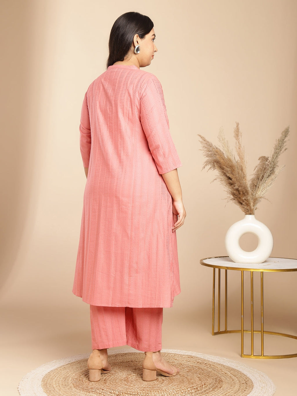 Janasya Straight Jacquard Pink Self Design Band Collar Co-Ords