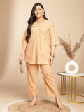 Janasya Pleated Jacquard Peach Self Design V-Neck Co-Ords
