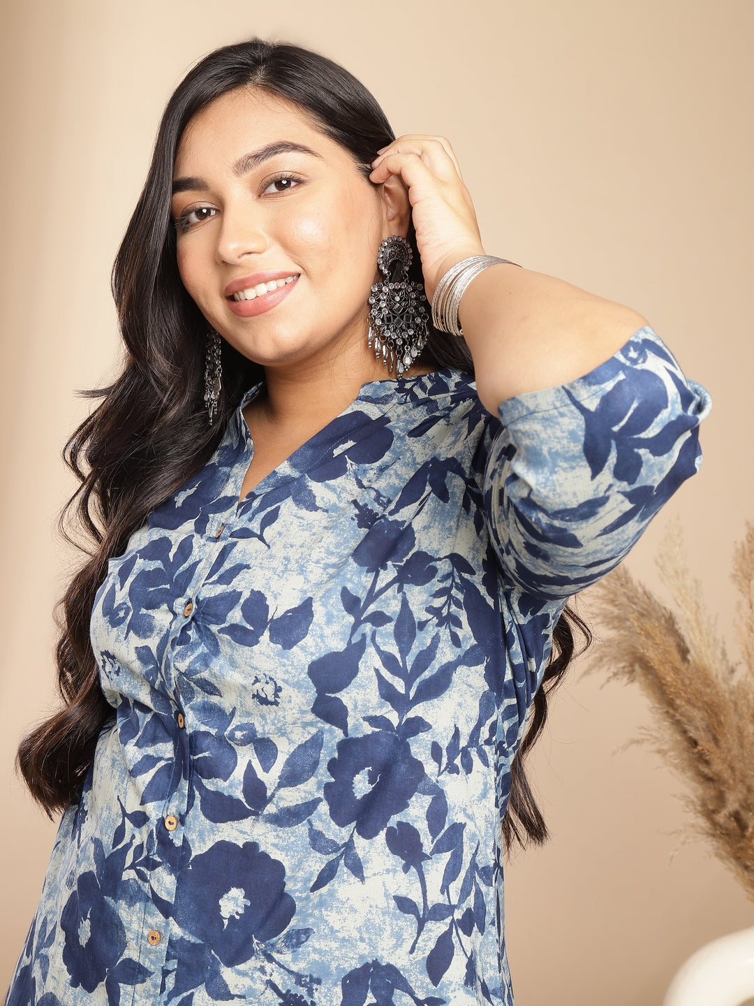 Janasya Dark Cotton Floral A-Line Top & Bottom Set