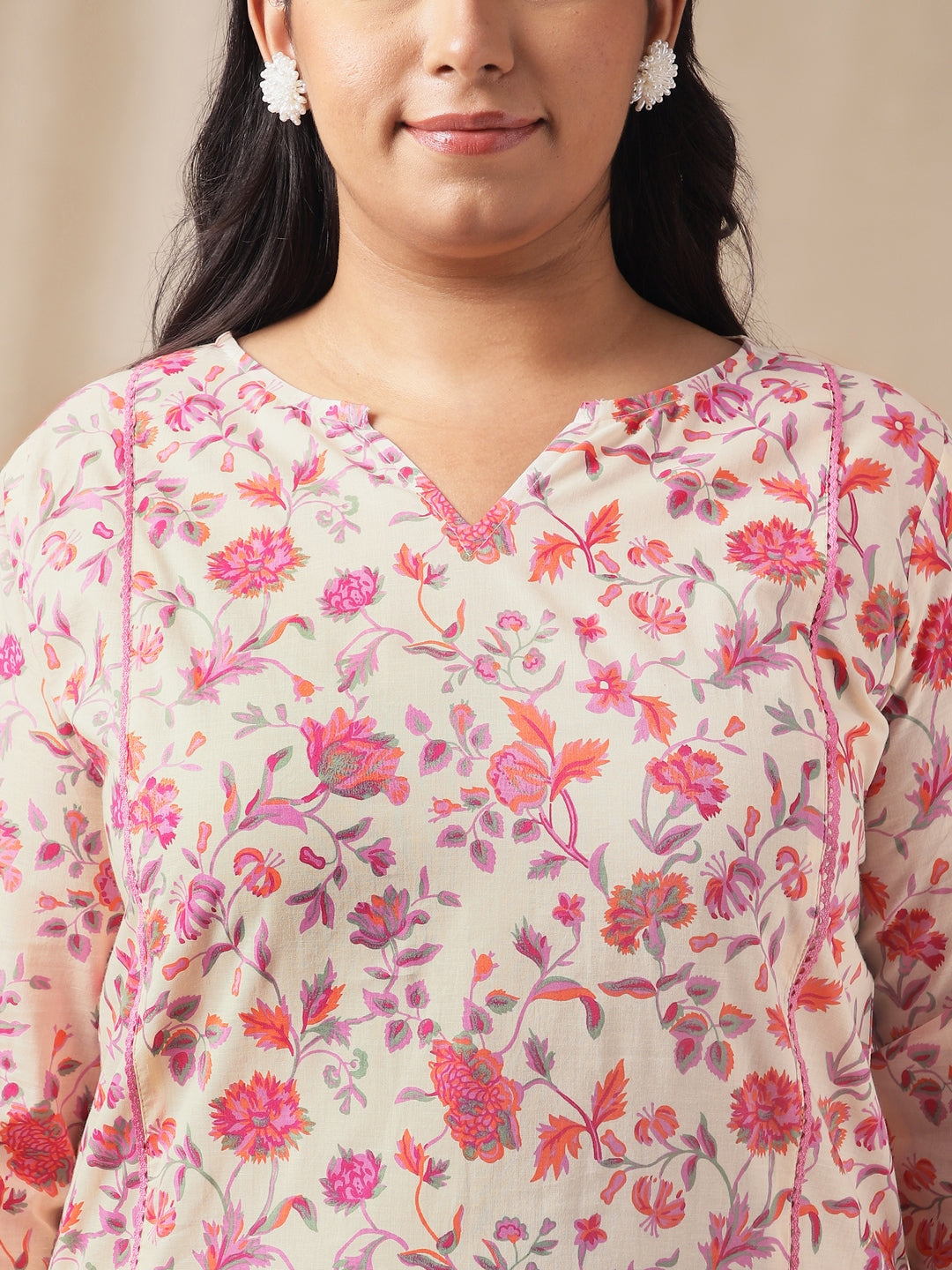Janasya A-Line Cambric Cream Floral Notch Neck Co-Ords