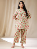Janasya A-Line Cambric Off White Floral Round Neck Co-Ords
