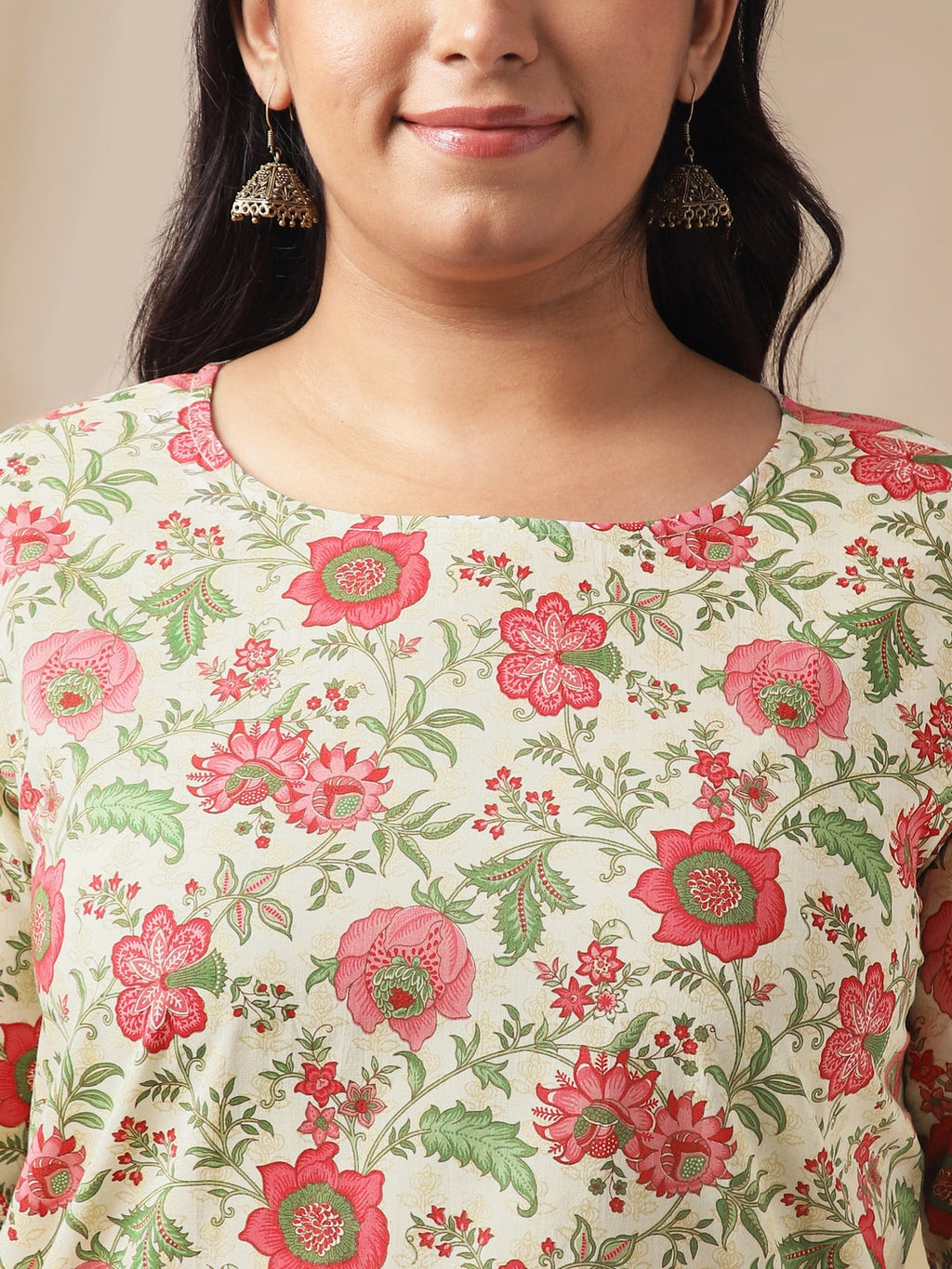 Janasya A-Line Cambric Off White Floral Round Neck Co-Ords