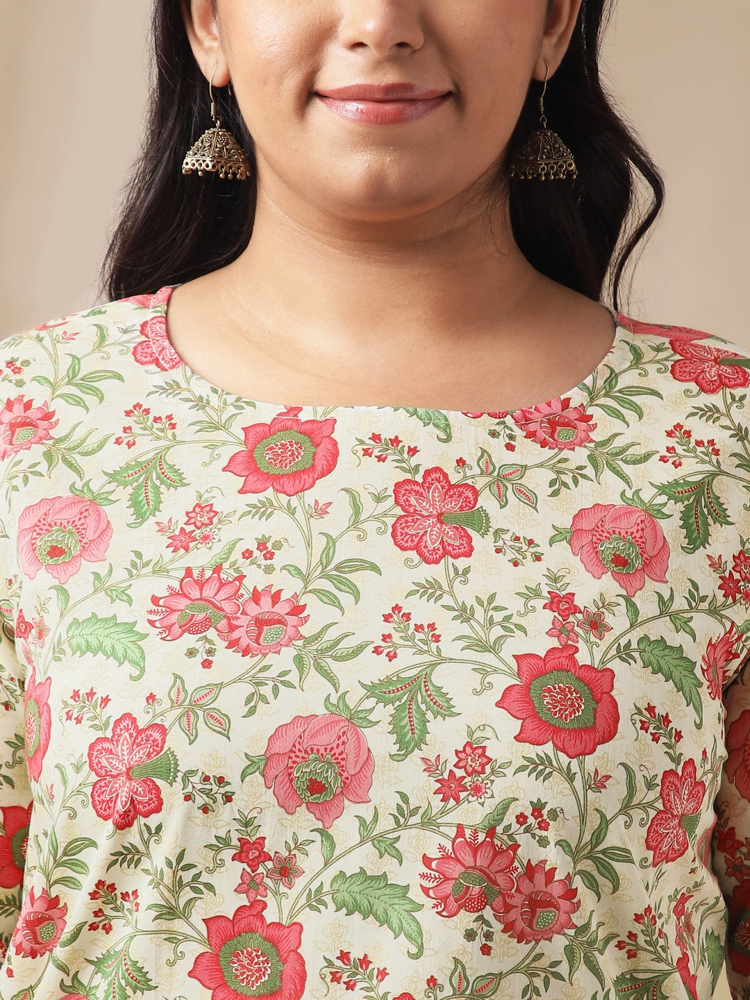 Janasya A-Line Cambric Off White Floral Round Neck Co-Ords