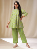 Janasya A-Line Cambric Lime Green Ethnic Motifs Band Collar Co-Ords