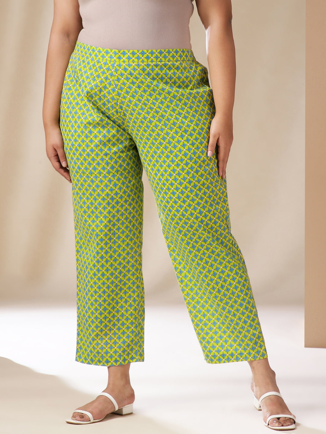 Janasya A-Line Cambric Lime Green Ethnic Motifs Band Collar Co-Ords