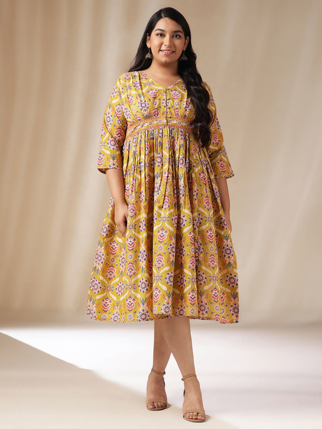 Janasya Gathered Cotton Mustard Floral V-Neck Dress