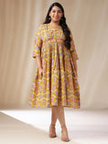 Janasya Gathered Cotton Mustard Floral V-Neck Dress