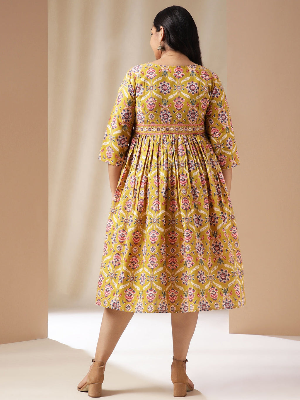 Janasya Gathered Cotton Mustard Floral V-Neck Dress