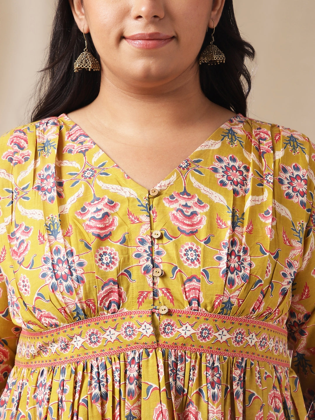Janasya Gathered Cotton Mustard Floral V-Neck Dress