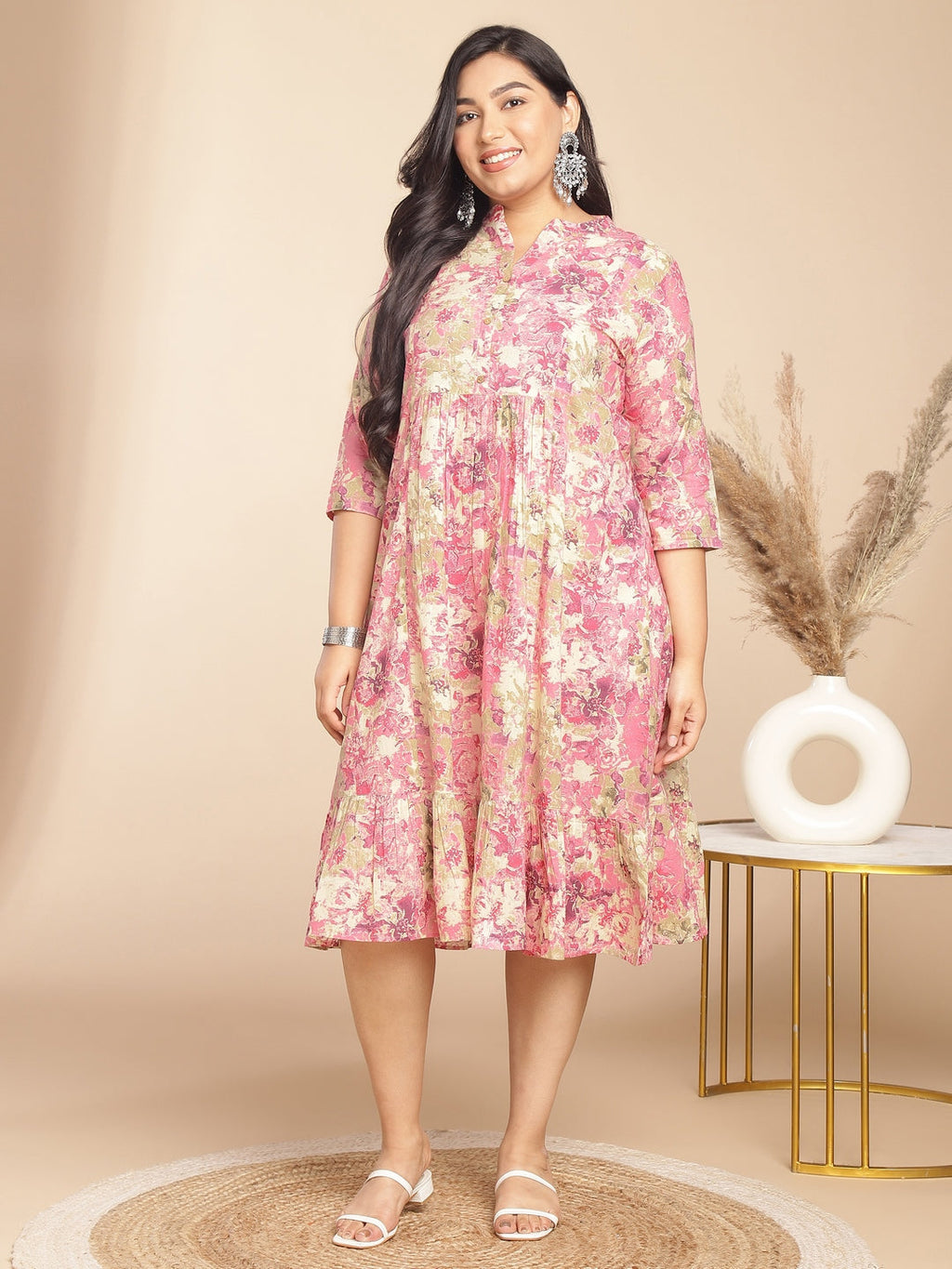 Janasya Gathered Cambric Pink Abstract Band Collar Dress