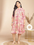 Janasya Gathered Cambric Pink Abstract Band Collar Dress