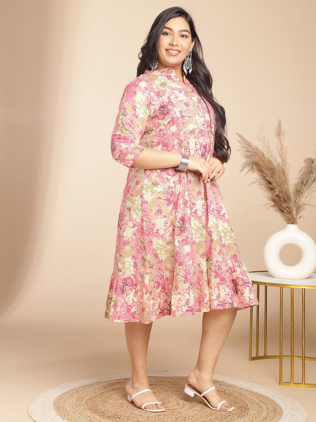 Janasya Gathered Cambric Pink Abstract Band Collar Dress