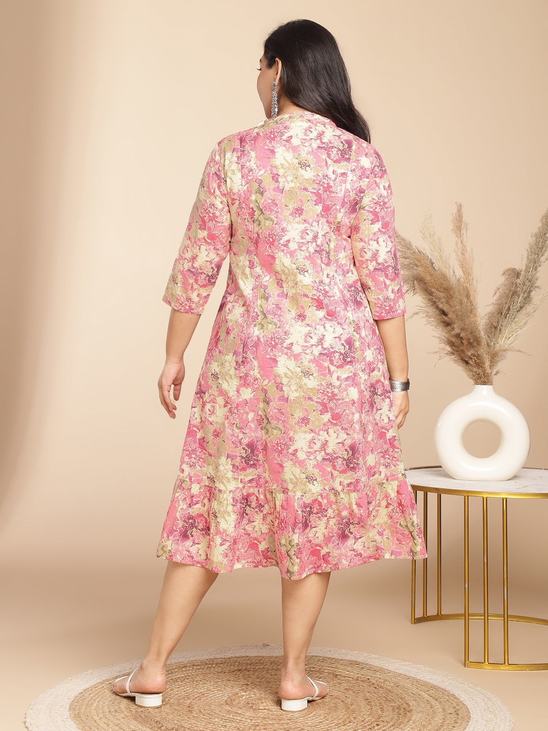 Janasya Gathered Cambric Pink Abstract Band Collar Dress