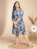 Janasya Gathered Cambric Indigo Floral V-Neck Dress