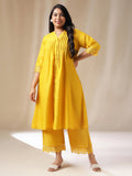 Janasya Pleated Muslin Yellow Solid Band Collar Kurta Set
